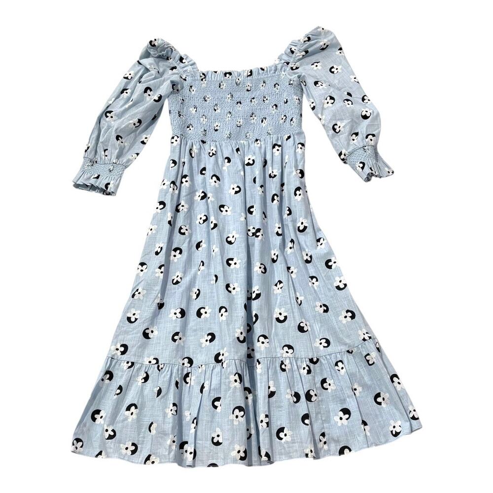 NWT Kate Spade Bohemian Midi Dress - Medium Light Blue Floral 3/4 Ruffle Sleeves